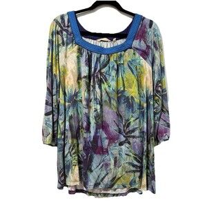 Soft Surroundings Top Womens Medium Odessa Tropics Embroidered Travel Watercolor